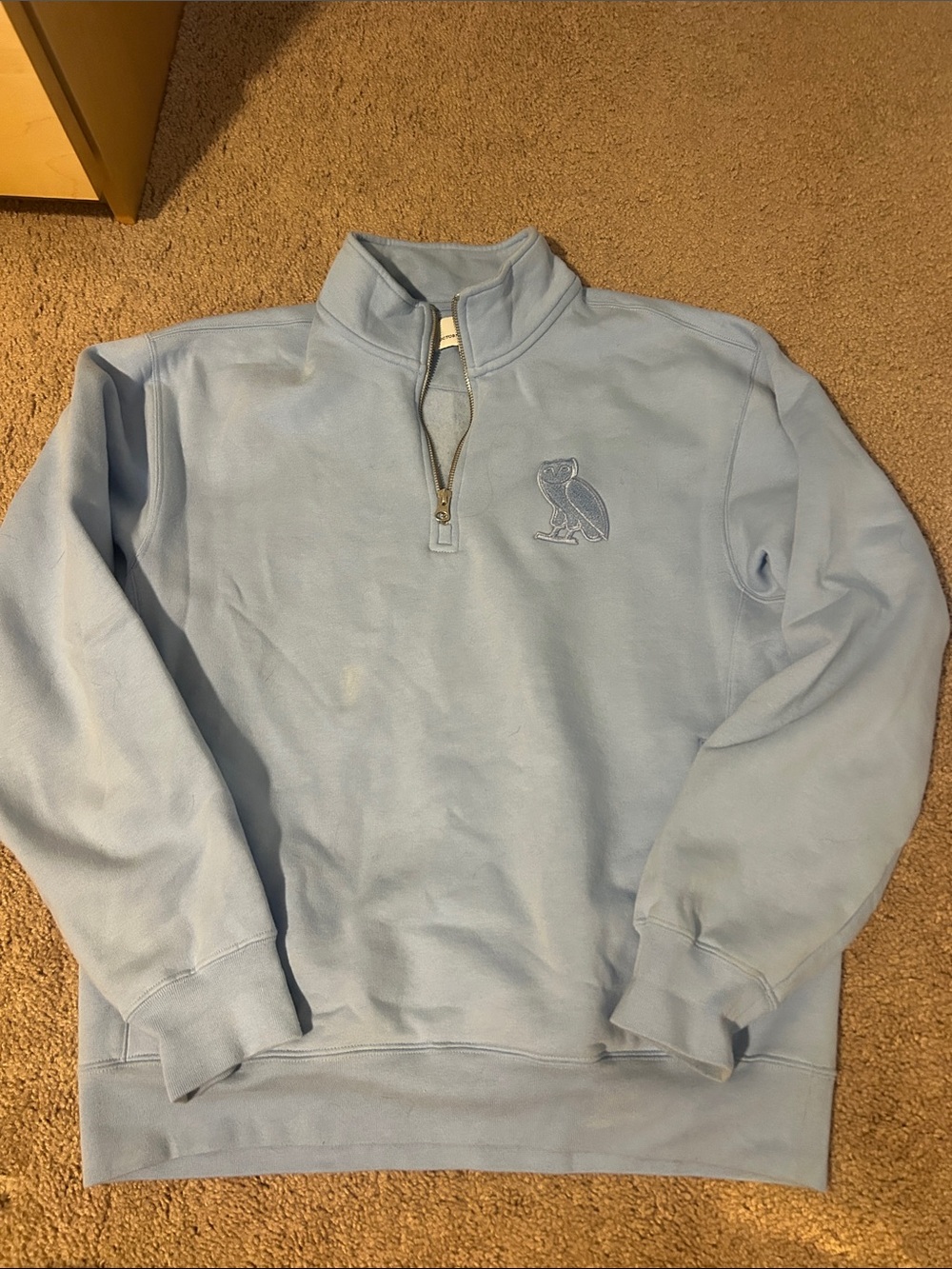 OVO Light Blue Men's Quarter-Zip Sweatshirt with Embroidered Owl